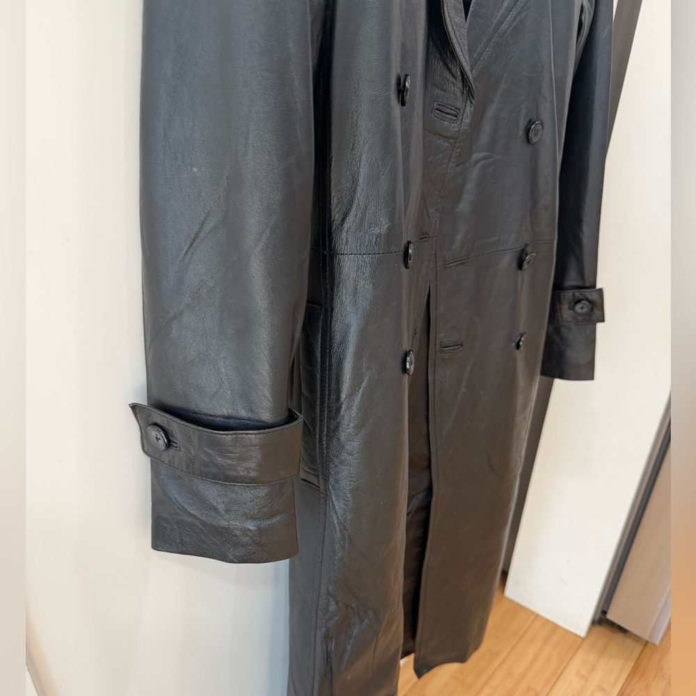 Classic Black Leather Trench Coat XS - Picture 3 of 13